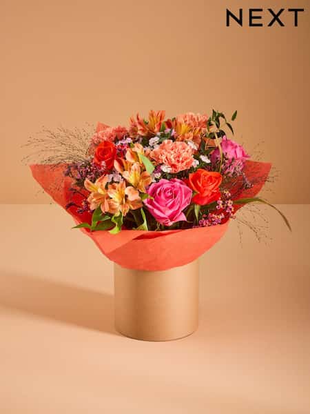 Pink/Orange Rose and Carnations Fresh Flower Bouquet in Hatbox (W25426) | £35