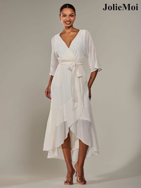 Jolie Moi Cream Wrap Tie Front Midi Dress (W25515) | £72