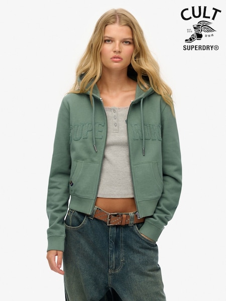 Superdry Green Athletic Essentials Tonal Cropped Zip 100% Cotton Hoodie (W25524) | £55