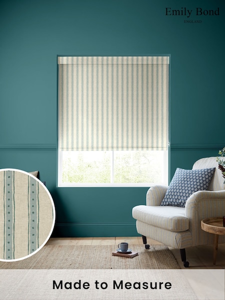 Emily Bond Blue/Green Block Printed Stripe Made to Measure Roller Blind (W25631) | £58