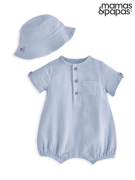 100% Cotton Patch Pocket Romper & Bucket Hat Set (W25635) | £25