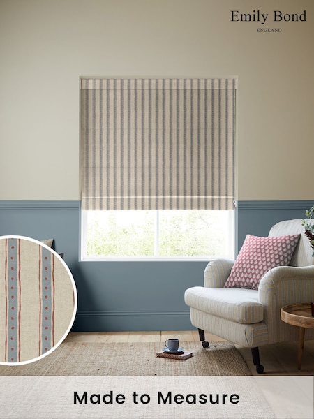 Emily Bond Blue Block Printed Stripe Made to Measure Roman Blind (W25644) | £84