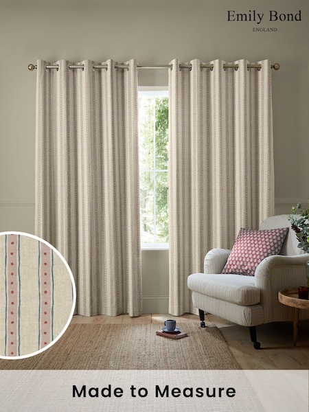 Emily Bond Pink/Blue Block Printed Stripe Made to Measure Curtains (W25645) | £100