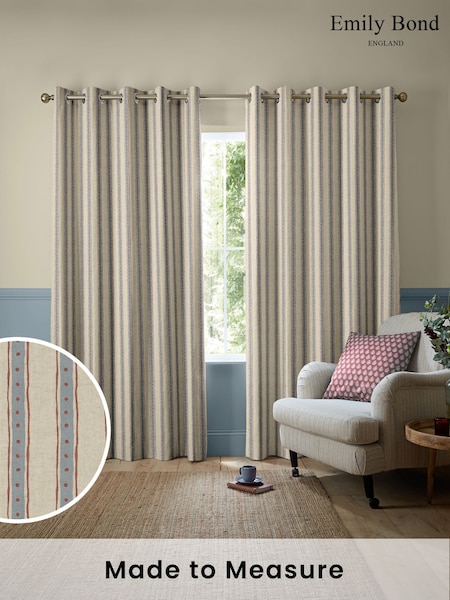 Emily Bond Blue Block Printed Stripe Made to Measure Curtains (W25648) | £100