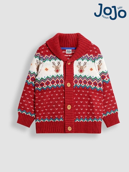 JoJo Maman Bébé Red Reindeer Fair Isle Knitted Cardigan (W25772) | £30 - £34