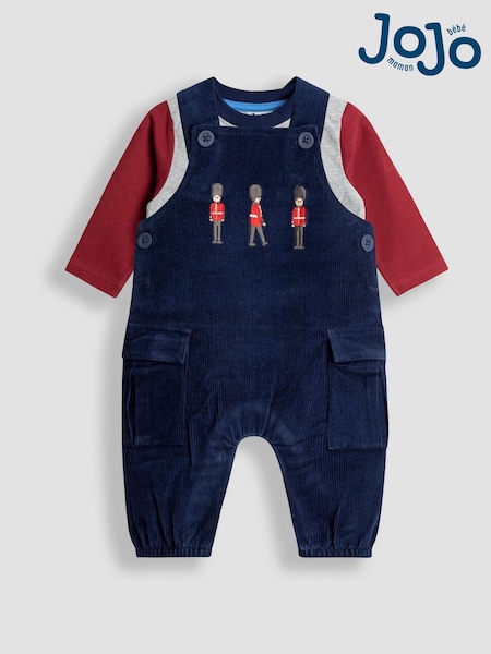 JoJo Maman Bébé Navy Blue 2-Piece Cargo Cord Dungarees & Top Set (W25781) | £32 - £34