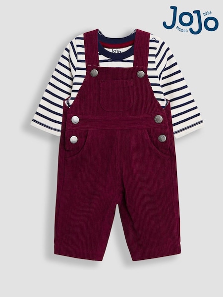JoJo Maman Bébé Burgundy Red 2-Piece Classic Cord Dungarees & Stripe Top Set (W25787) | £30 - £34