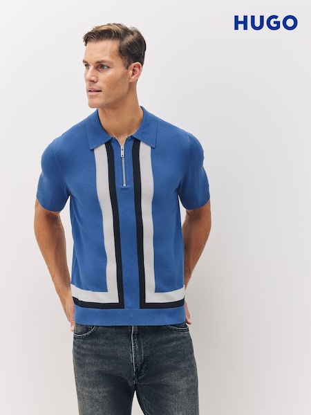 HUGO Blue Zip Up Knitted Polo Shirt (W25944) | £139