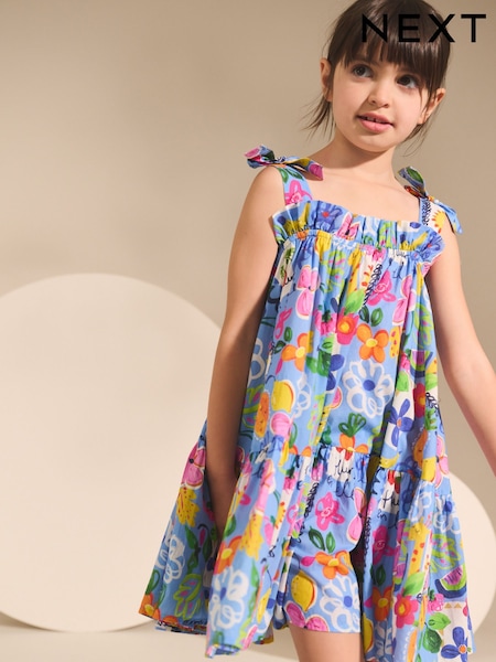 Blue Tropical Bow Strappy Summer Dress (3-16yrs) (W25989) | £22 - £28