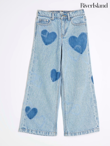 River Island Blue Girls 100% Cotton Heart Patchwork Wide Leg Jeans (W25998) | £26