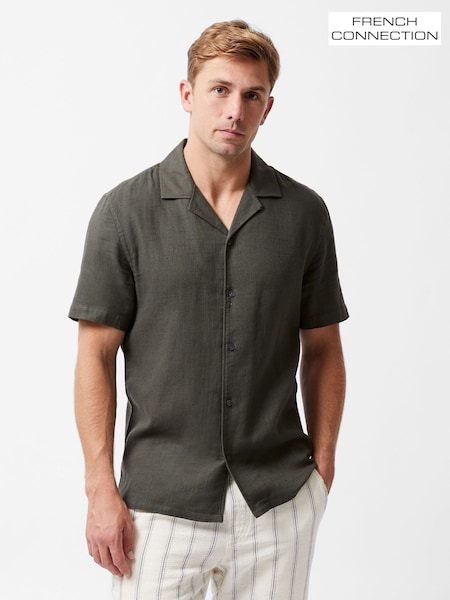 French Connection Dark Green 100% Cotton Seersucker Crinkle Short Sleeve Button Up Shirt (W26042) | £40