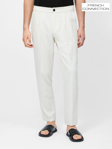 French Connection White Cotton Blend Herringbone Straight Leg Trousers (W26048) | £85