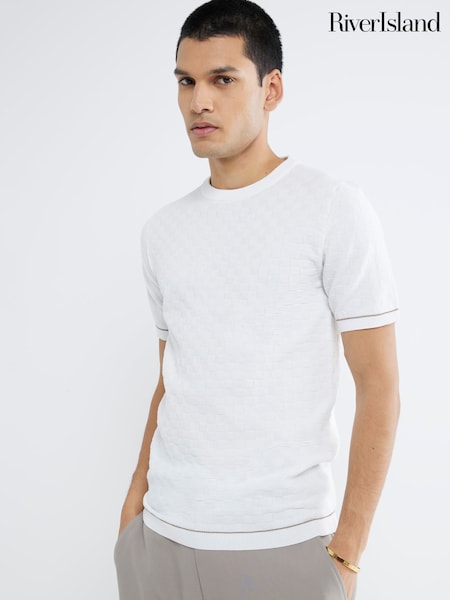 River Island White Checkerboard Muscle Fit T-Shirt (W26188) | £24