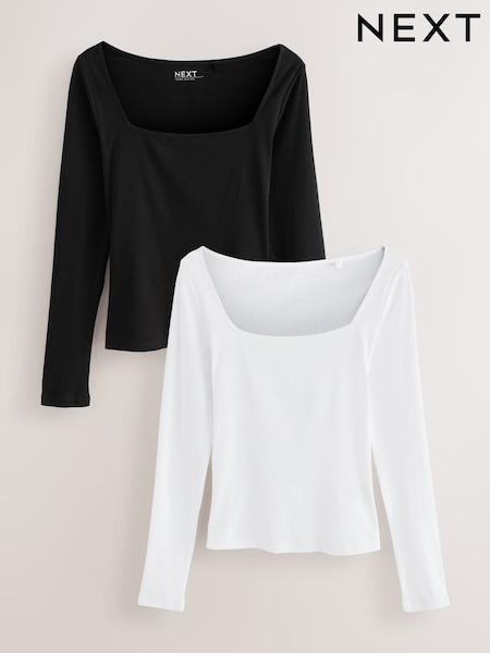 Black/White Ribbed Squre Neck Long Sleeve Tops 2 Pack (W26238) | £27