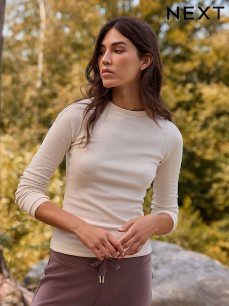 Ecru White Thermal Raglan Long Sleeve Crew Neck Top (W26239) | £14