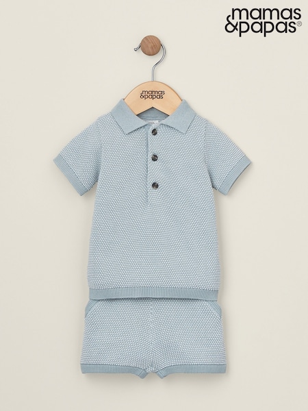 Mamas & Papas Blue Knitted 100% Cotton Polo & Shorts Set (W26309) | £32