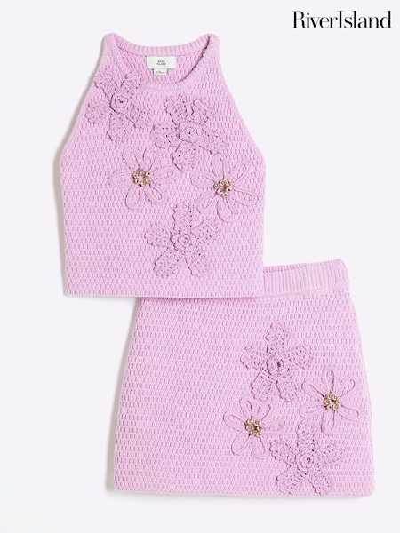 River Island Purple Girls Crochet 100% Cotton Floral Print Top & Skirt set (W26319) | £36