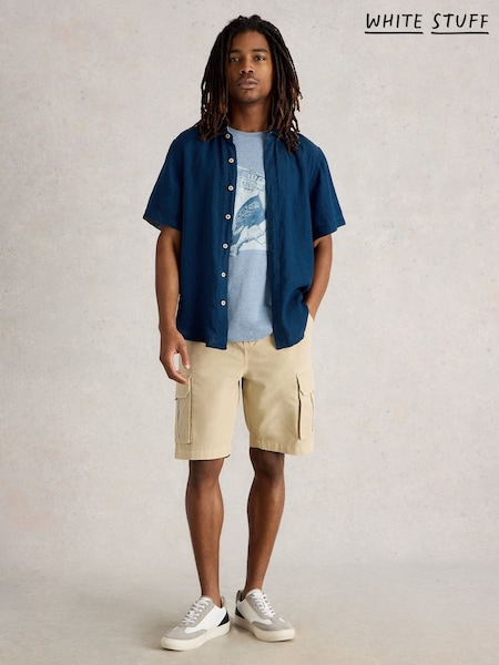 White Stuff Blue Keswick Short Sleeve 100% Linen Shirt (W26338) | £49