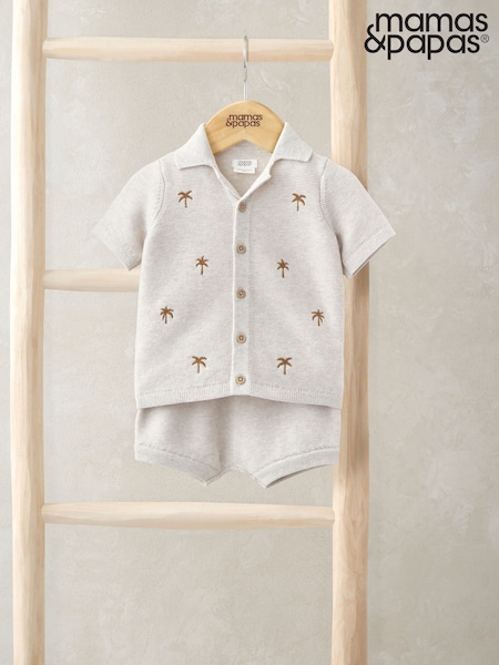 Mamas & Papas Palm Tree Embroidered 100% Cotton Brown Shirt & Shorts Knit Set (W26379) | £32