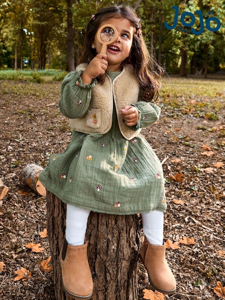 JoJo Maman Bébé Olive Green Floral Embroidered Dress & Gilet Set (W26425) | £34 - £40