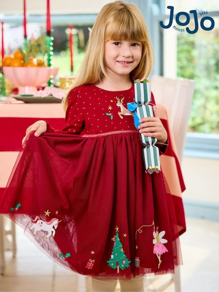 JoJo Maman Bébé Red Christmas Friends Appliqué Tulle Party Dress (W26442) | £34 - £40