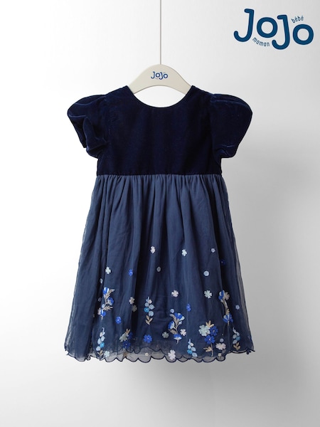 JoJo Maman Bébé Navy Blue Blossom Velvet Topped Party Dress (W26454) | £43 - £49