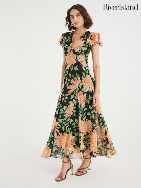 River Island Black Flutter Sleeve Floral Print Midi Dress (W26543) | £62