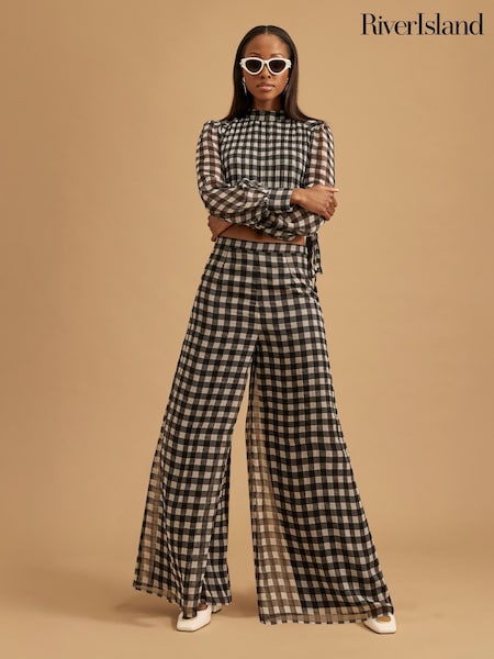 River Island Black Gingham Wide Leg Trousers (W26551) | £40