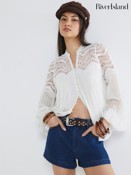 River Island White Long Sleeve Lace Blouse (W26563) | £46