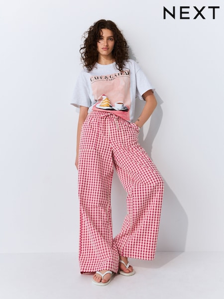 Pink Gingham Cotton Rich Wide Leg Pull On Trousers (W26573) | £29