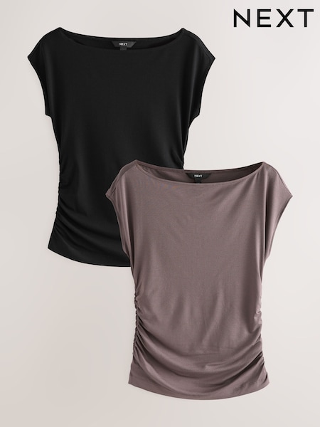 Black/Mink Short Sleeve Ruched Detail Jersey T-Shirt (W26585) | £46