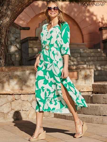 Sosandar Green Petite Floral Print Rattan Belted Dress (W26708) | £79