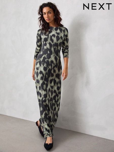 Khaki Green Animal Print Jersey A-line Long Sleeve Maxi Dress (W26713) | £32