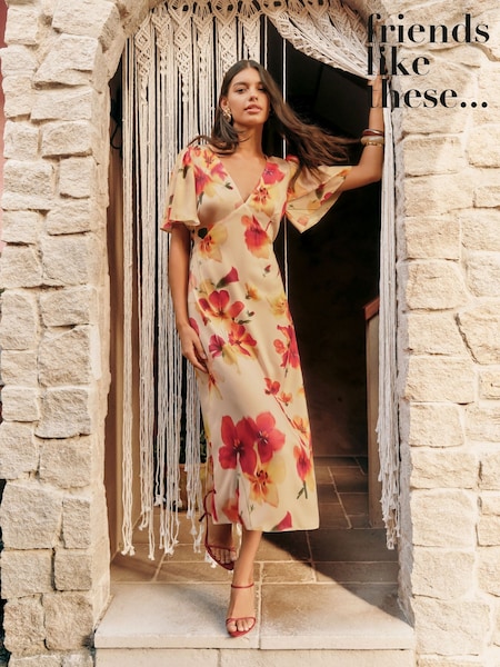 Friends Like These Orange White Floral Print V-Neck Angel Sleeve Satin Midi Dress (W26825) | £49