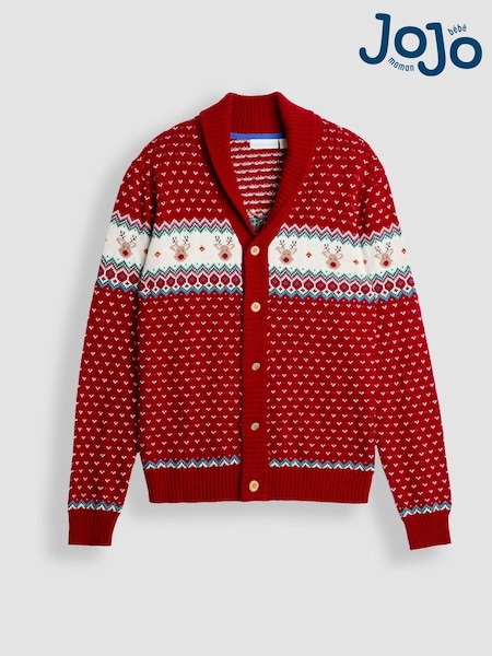 JoJo Maman Bébé Red Men's Reindeer Fairisle Knitted Cardigan (W26831) | £49