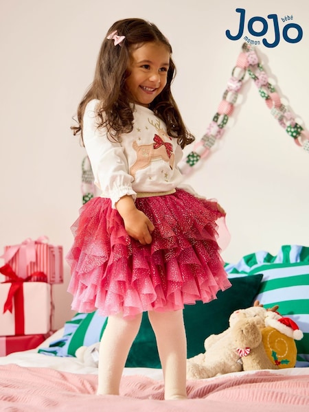 JoJo Maman Bébé Pink Reindeer Top & Tulle Skirt Set (W26848) | £34 - £40