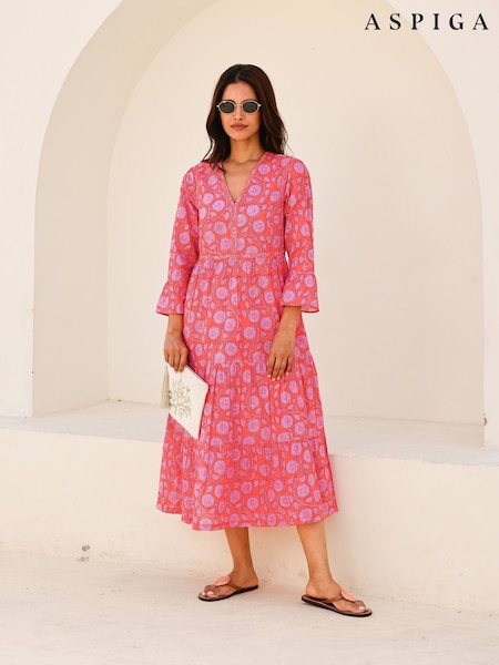Aspiga Red Hayden Block Print 100% Organic Cotton Dress (W26930) | £165