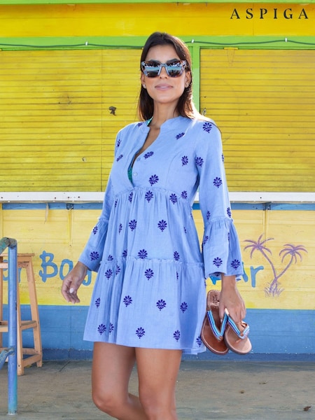Aspiga Blue Cristina Embroidered 100% Organic Cotton Dress (W26934) | £105