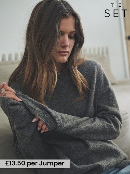 The Set Brown Marl/Oatmeal/Cream 3 Pack Crew Neck Knitted Jumpers with Wool (W27051) | £40.50