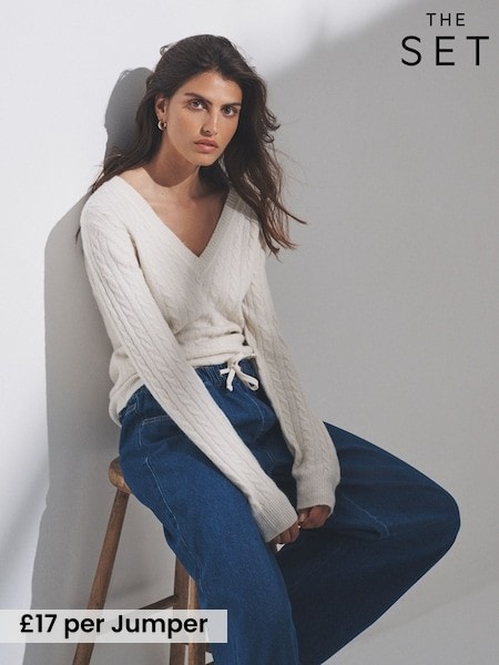 The Set Cream/Navy Blue 2 Pack Cable Knitted V-Neck Jumpers With Wool (W27054) | £34