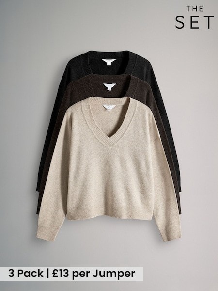 The Set Black/Chocolate Brown/Cream 3 Pack Knitted V-Neck Jumpers With Wool (W27056) | £39