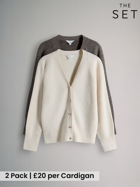 The Set Pink/Brown 2 Pack Chunky Rib Knitted Cardigans With Wool (W27074) | £40