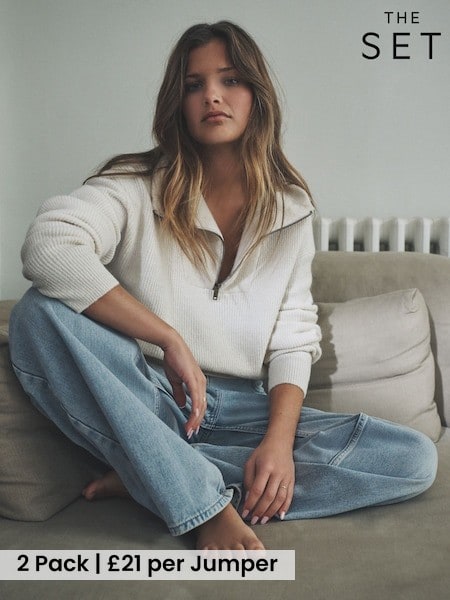 The Set Cream/Brown Marl 2 Pack Knitted Ribbed Quarter Zip Jumpers With Wool (W27075) | £42