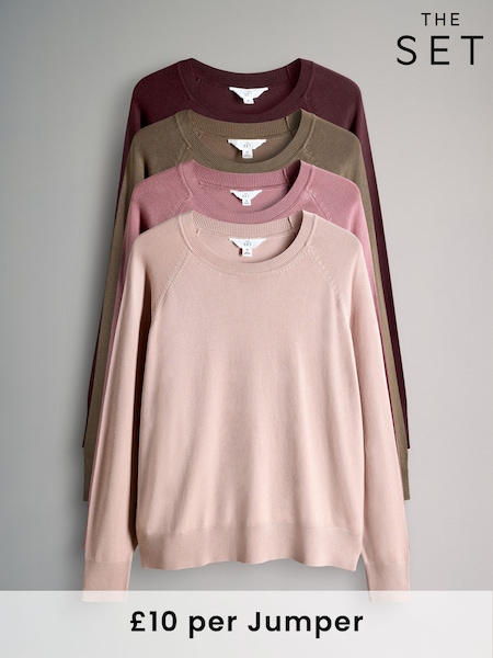 The Set Taupe Brown/Burgundy/Dark Pink/Light Pink Long Sleeve 4 Pack Fine Knit T-Shirts (W27076) | £40