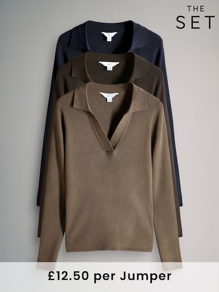 The Set Chocolate Brown/Navy Blue/Taupe Brown 2 Pack Ribbed Polo V-Neck Jumpers (W27088) | £38