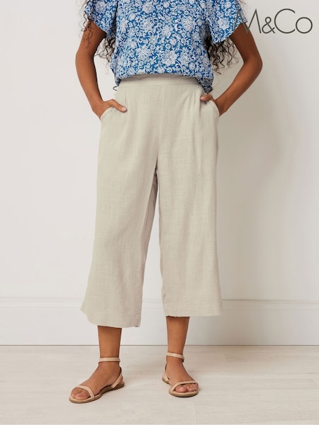 M&Co Natural Petite Linen Wide Leg Crop Trousers (W27118) | £33