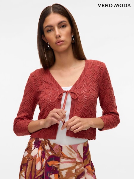 VERO MODA Red Crochet Knitted Tie Front Cardigan (W27129) | £32