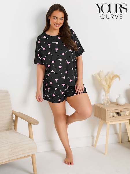 Yours Curve Black Cropped Shorts Pyjamas Set (W27130) | £24