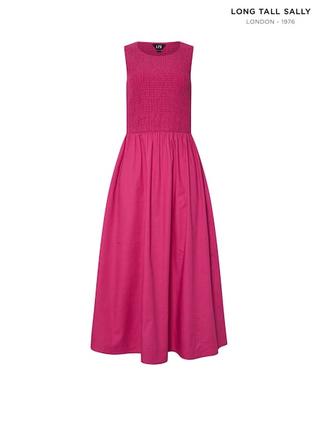 Long Tall Sally Pink 100% Cotton Shirred Midi Dress (W27154) | £39