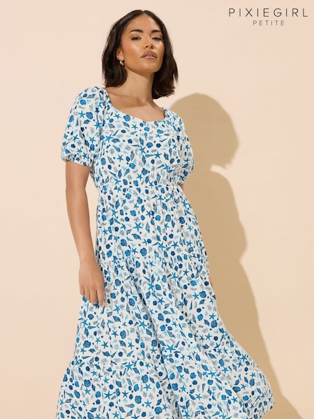 PixieGirl Petite Blue Seashells Puff Sleeve Midi Dress (W27200) | £39